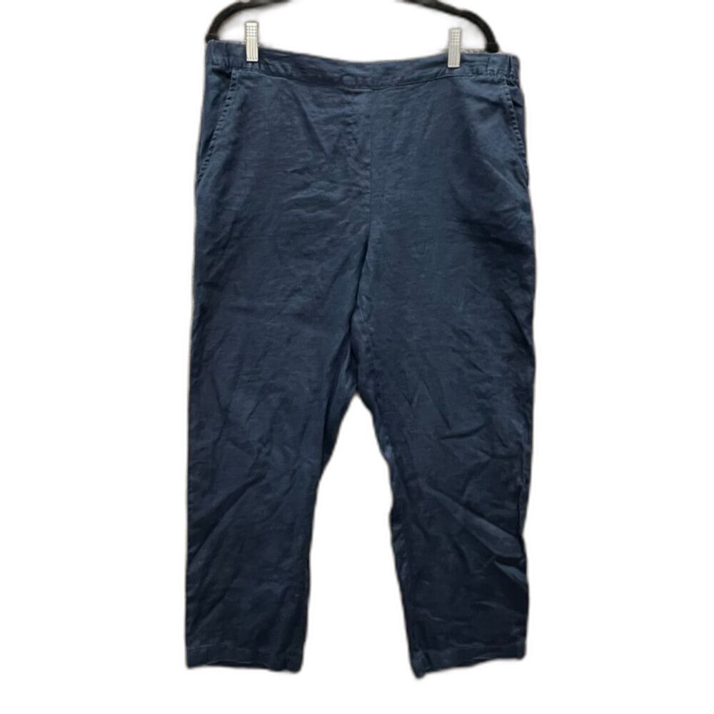 Ellen Tracy Blue Linen Pants L Crop Pull-on Flat Front